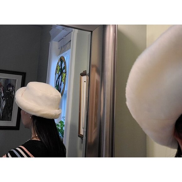 Vintage Reflections faux Ivory Fur Short Brim Quilting Hat Retro WOMEN Rose Pin - Picture 11 of 16